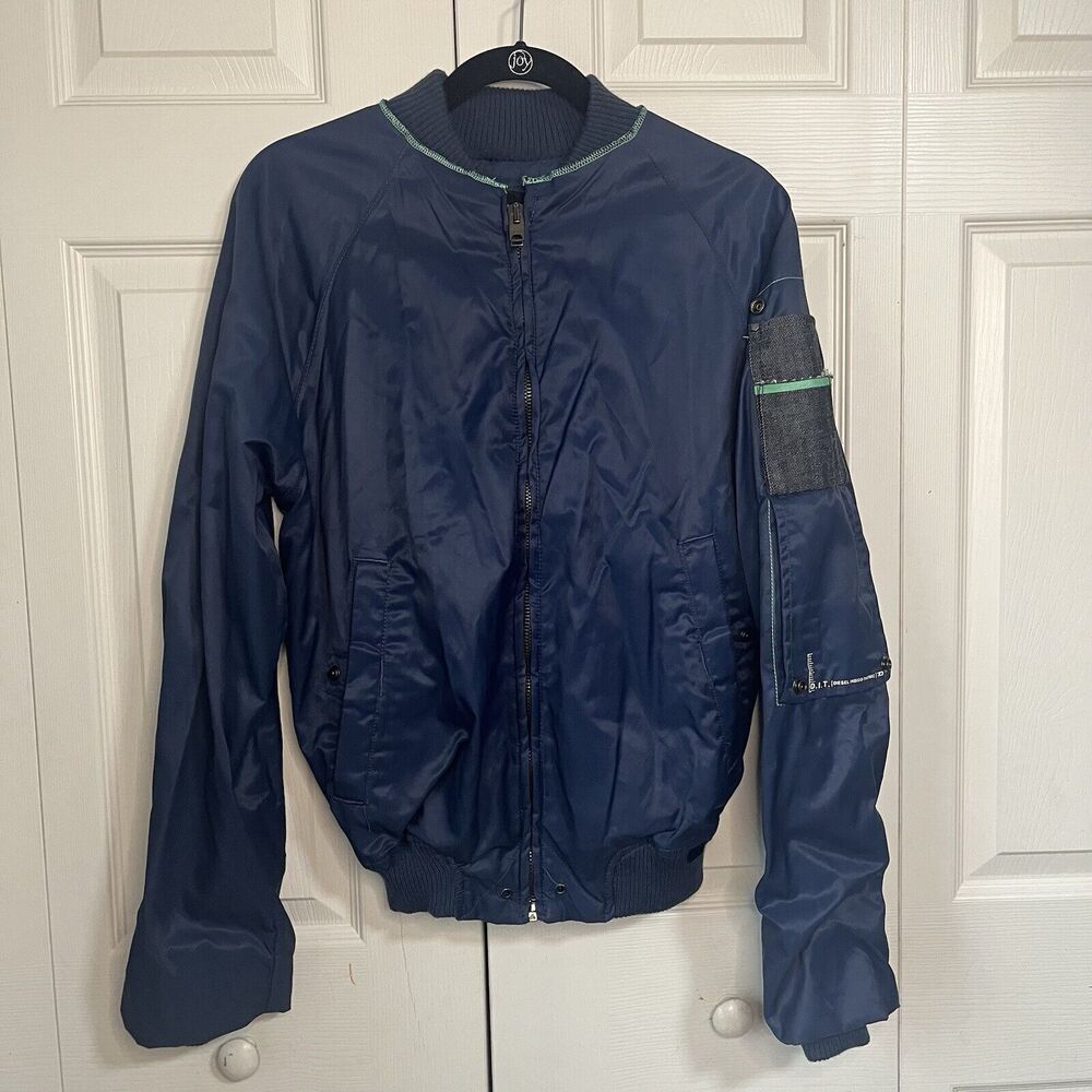 Diesel Mens Embroidered Bomber Jacket Navy Blue Cotton large EUC